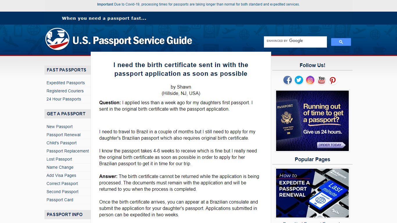 I need the birth certificate sent in with the passport application as ...